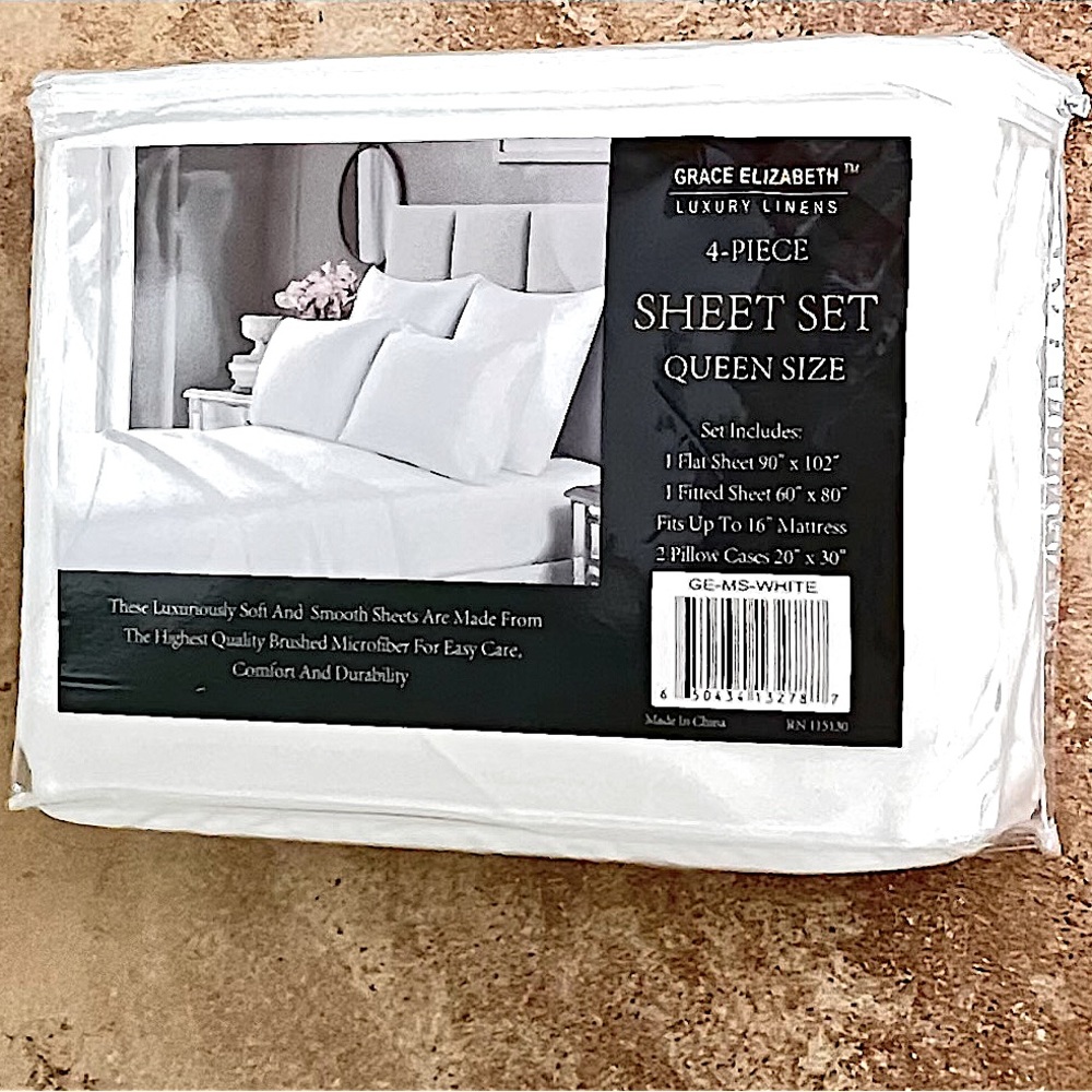 New Queen Set Grace Elizabeth Luxury Linen’s Collection White Queen 4 Piece Set